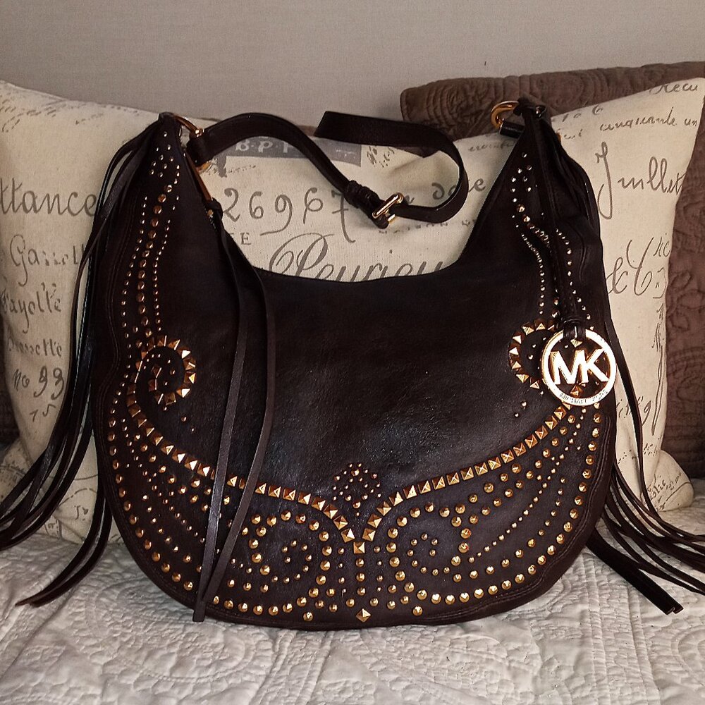 Michael Kors Rhea Dark Chocolate Studded Fringe Leather Hobo